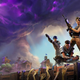 A group of Fortnite fighters pose in front of a purple sky.